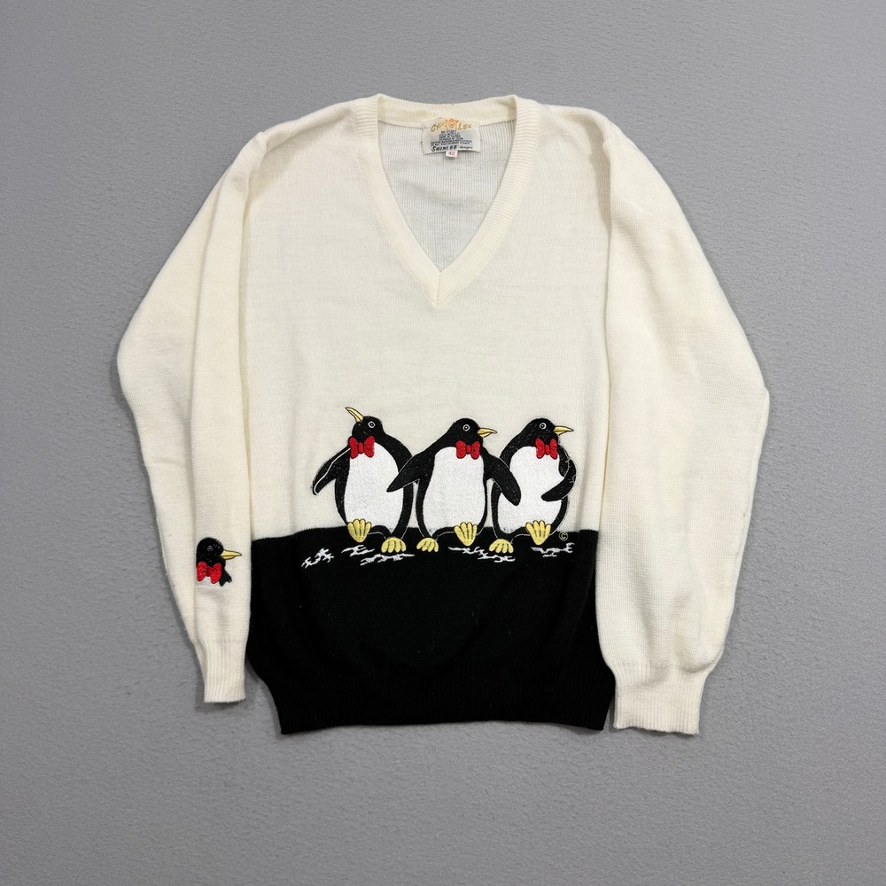 Vintage 70s Cyn Les Shirlee Designs Penguin Novelty Sweater Size 42 V-Neck 1970s